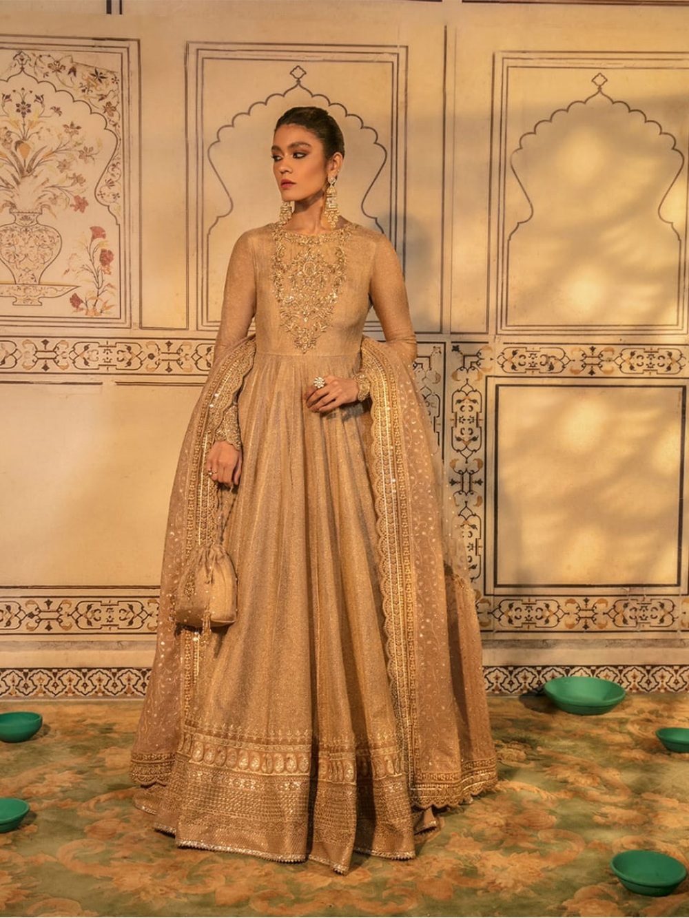 Floor-Length Gold Embroidered Long-Sleeve Formal Dress.
